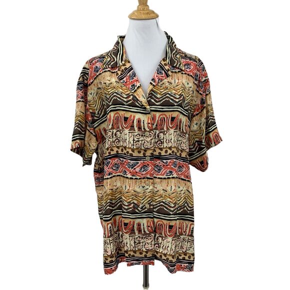 Oscar De La Renta Silk Shirt Womens Plus 1X Brown Multi Boho Button Front Top - Picture 1 of 11